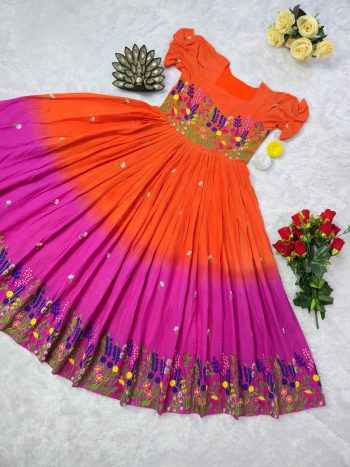 FANCY COTTON PADDING MULTI COLOR THREAD WORK ONE PIECE ORANGE