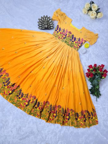 FANCY COTTON PADDING MULTI COLOR THREAD WORK ONE PIECE YELLOW