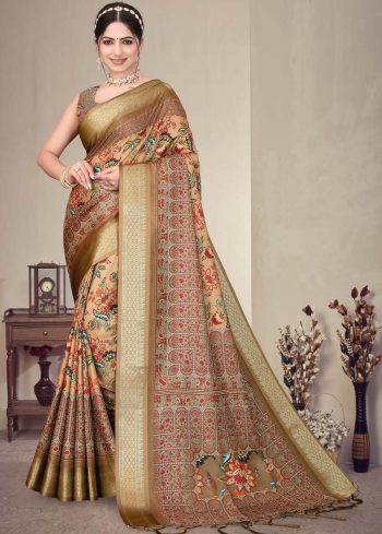 FANCY COTTON SILK DIGITAL PRINT AND JACQUARD RICH HEAVY BORDER WORK SAREE WITH UNSTITCHED BLOUSE CHIKU