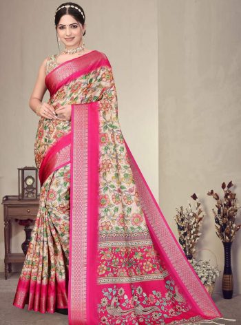 FANCY COTTON SILK DIGITAL PRINT AND JACQUARD RICH HEAVY BORDER WORK SAREE WITH UNSTITCHED BLOUSE RANI