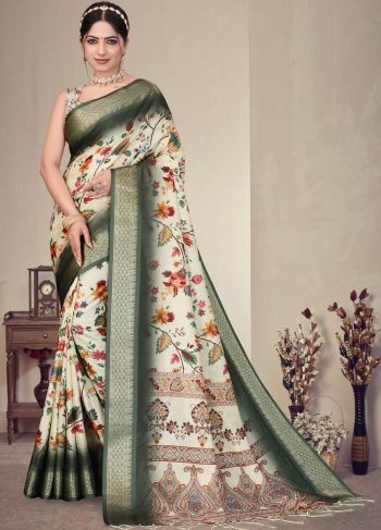 FANCY COTTON SILK DIGITAL PRINT AND JACQUARD RICH HEAVY BORDER WORK SAREE WITH UNSTITCHED BLOUSE MEHNDI