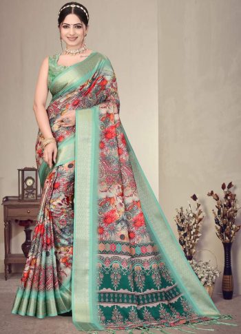 FANCY COTTON SILK DIGITAL PRINT AND JACQUARD RICH HEAVY BORDER WORK SAREE WITH UNSTITCHED BLOUSE SEA GREEN