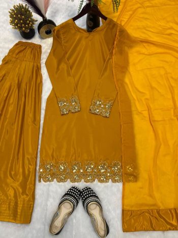 FANCY CREEP SILK BEADS HAND WORK WITH SEQUENCE MULTI NEEDLE EMBROIDERY AND  ZARI WORK TOP PATIYALA WITH DUPATTA MUSTARD