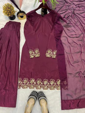 FANCY CREEP SILK BEADS HAND WORK WITH SEQUENCE MULTI NEEDLE EMBROIDERY AND  ZARI WORK TOP PATIYALA WITH DUPATTA MAROON