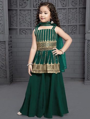 FANCY CREPE EMBROIDERY SEQUENCE WORK KID'S TOP LEHENGA WITH DUPATTA  GREEN
