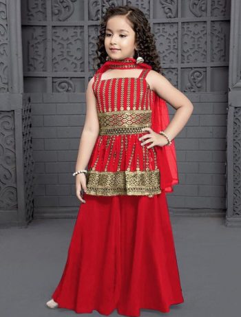 FANCY CREPE EMBROIDERY SEQUENCE WORK KID'S TOP LEHENGA WITH DUPATTA  RED