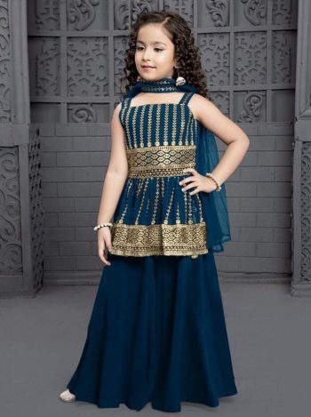 FANCY CREPE EMBROIDERY SEQUENCE WORK KID'S TOP LEHENGA WITH DUPATTA TEAL