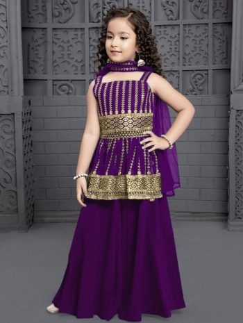 FANCY CREPE EMBROIDERY SEQUENCE WORK KID'S TOP LEHENGA WITH DUPATTA PURPLE