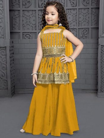 FANCY CREPE EMBROIDERY SEQUENCE WORK KID'S TOP LEHENGA WITH DUPATTA YELLOW