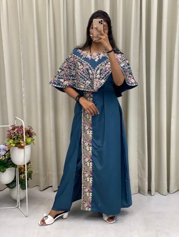 FANCY CREPE SILK CODING SEQUENCE EMBROIDERY FOIL PAPER WORK TOP WITH BOTTOM TEAL