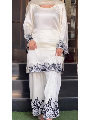 FANCY CREPE SILK LACE WITH MULTI NEEDLE EMBROIDERY AND  ZARI WORK TOP PATIYALA WITH DUPATTA WHITE