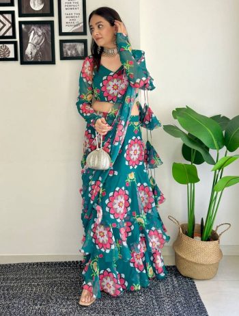 FANCY DIGITAL PRINTED LEHENGA SAREE WITH ATTACHED DUPATTA AND BLOUSE GREEN