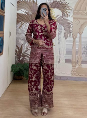 FANCY DOLA SILK EMBROIDERY WORK  ON DAMAN PATTA CO-ORD SET WINE
