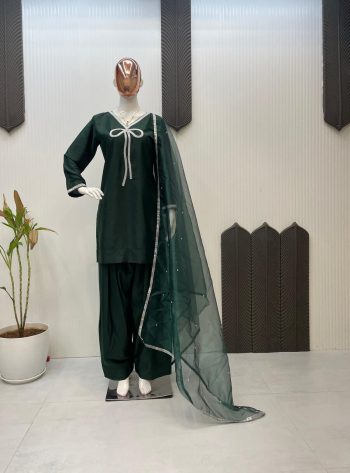 FANCY FRENCH CREPE BEADS WORK TOP PATIYALA WITH DUPATTA GREEN