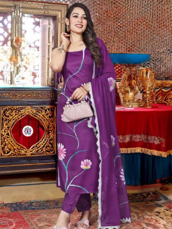 FANCY FRENCH CREPE PRINTED TOP BOTTOM WITH DUPATTA PURPLE
