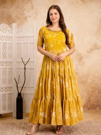 FANCY GEORGETTE DIGITAL PRINT  WITH 3 LAYAR FLAIR STITCHED ONE PIECE DRESS  YELLOW
