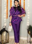 FANCY GEORGETTE DIGITAL PRINTED TOP WITH EMVROIDERY SEQUENCE WORK WAIST BELT AND BOTTOM SET PURPLE