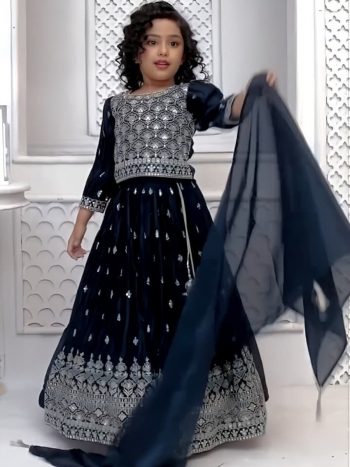 FANCY GEORGETTE EMBROIDERY SEQUENCE WORK KID'S LEHENGA CHOLI WITH DUPATTA NAVY BLUE