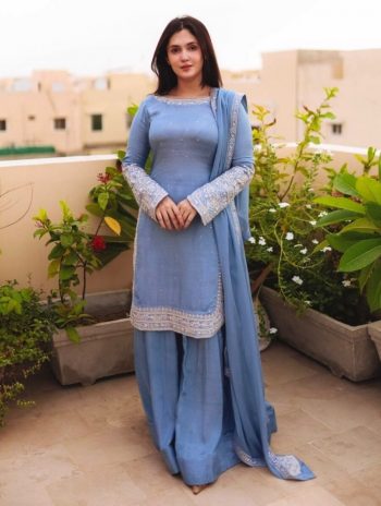 FANCY GEORGETTE EMBROIDERY SEQUENCE WORK TOP PALAZZO WITH DUPATTA BLUE