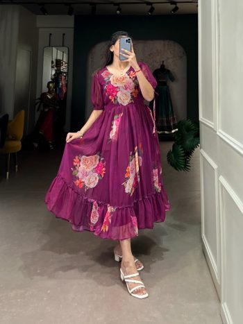 FANCY GEORGETTE FLORAL PRINTED ONEPIECE  WINE