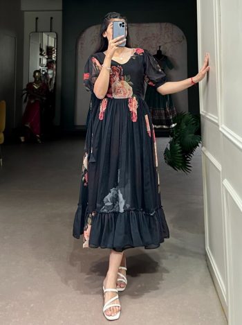 FANCY GEORGETTE FLORAL PRINTED ONEPIECE BLACK