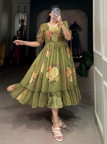 FANCY GEORGETTE FLORAL PRINTED ONEPIECE  MEHNDI