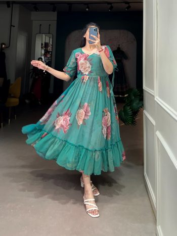 FANCY GEORGETTE FLORAL PRINTED ONEPIECE  GREEN