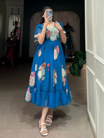 FANCY GEORGETTE FLORAL PRINTED ONEPIECE  BLUE