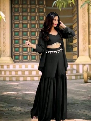 FANCY GEORGETTE LATKAN WORK BOLOUSE KOTI WITH SHARARA  BLACK