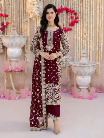 FANCY GEORGETTE MULTI SEQUENCE WORK WITH RIVET WORK TOP PALAZZO WITH DUPATTA MAROON