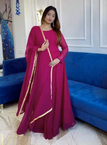 FANCY GEORGETTE PLAIN ANARKALI GOWN WITH LACE BORDER WORK DUPATTA PINK