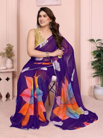 FANCY GEORGETTE PRINTED E WITH SMALL LACE WORK READY TO WEAR SAREE WITH UNSTITCHED BLOUSE PURPLE