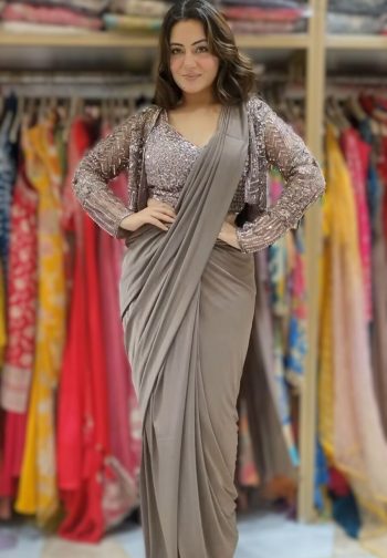FANCY GEORGETTE READY TO WEAR PLAIN SAREE WITH SEQUANCE EMBROIDERY WORK BLOUSE AND KOTI  GREY
