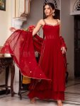 FANCY GEORGETTE REAL MIRROR CODING WITH GOTA LACE WORK TOP PALAZZO WITH DUPATTA RED