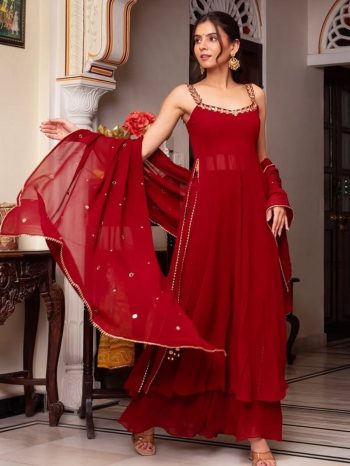 FANCY GEORGETTE REAL MIRROR CODING WITH GOTA LACE WORK TOP PALAZZO WITH DUPATTA RED