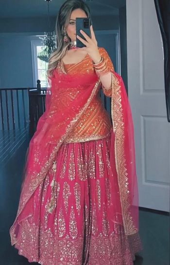 FANCY GEORGETTE SEQUENCE WORK MULTI NEEDLE EMBROIDERY, ZARI WORK TOP LEHENGA WITH DUPATTA RANI
