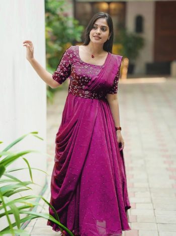 FANCY GEORGETTE SEQUENCE ZARI AND THREAD EMBROIDERY WORK GOWN ATTACHED DUPATTA AND WAIST BELT  PINK