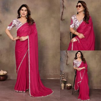 FANCY GEORGETTE SILK MIRROR LACE BORDER WORK SAREE WITH UNSTITCHED BLOUSE  RANI