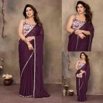 FANCY GEORGETTE SILK MIRROR LACE BORDER WORK SAREE WITH UNSTITCHED BLOUSE  PURPLE