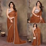 FANCY GEORGETTE SILK MIRROR LACE BORDER WORK SAREE WITH UNSTITCHED BLOUSE  CHIKU