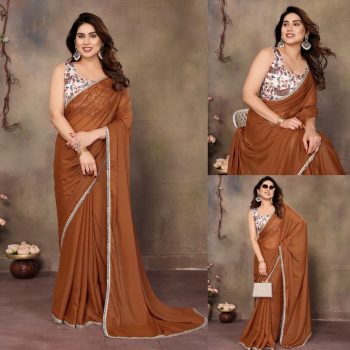 FANCY GEORGETTE SILK MIRROR LACE BORDER WORK SAREE WITH UNSTITCHED BLOUSE  CHIKU