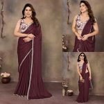 FANCY GEORGETTE SILK MIRROR LACE BORDER WORK SAREE WITH UNSTITCHED BLOUSE  BROWN