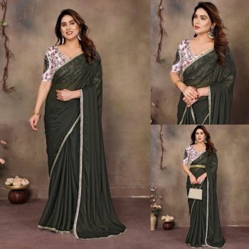 FANCY GEORGETTE SILK MIRROR LACE BORDER WORK SAREE WITH UNSTITCHED BLOUSE  GREEN