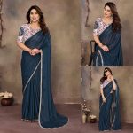 FANCY GEORGETTE SILK MIRROR LACE BORDER WORK SAREE WITH UNSTITCHED BLOUSE  TEAL