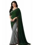 FANCY GEORGETTE SILK PRINTED WITH LACE WORK SAREE WITH UNSTITCHED BLOUSE GREEN