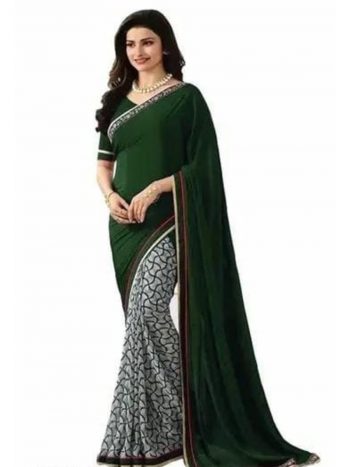 FANCY GEORGETTE SILK PRINTED WITH LACE WORK SAREE WITH UNSTITCHED BLOUSE GREEN