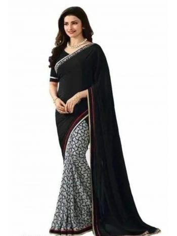 FANCY GEORGETTE SILK PRINTED WITH LACE WORK SAREE WITH UNSTITCHED BLOUSE BLACK