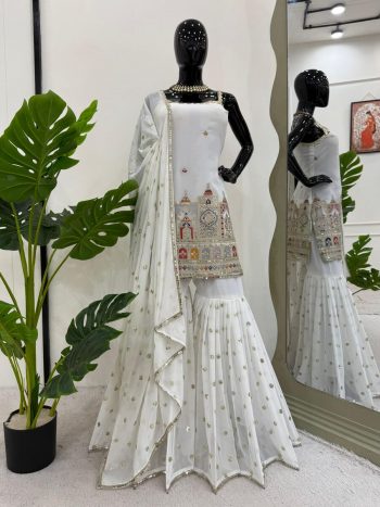 FANCY GEORGETTE THREAD AND SEQUENCE WITH CODING WORK TOP SHARARA WITH DUPATTA WHITE