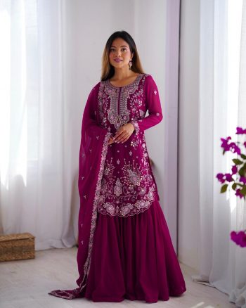 FANCY GEORGETTE THREAD SEQUENCE WORK TOP SHARARA WITH DUPATTA WINE