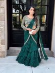 FANCY GEORGETTE THREAD WITH SEQUENCE WITH LACE BORDER WORK LEHENGA SAREE WITH BLOUSE  GREEN